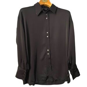 Zara Jet Black Satin Effects Button Up Shirt With Slits On Sides Women’s‎ Sz M